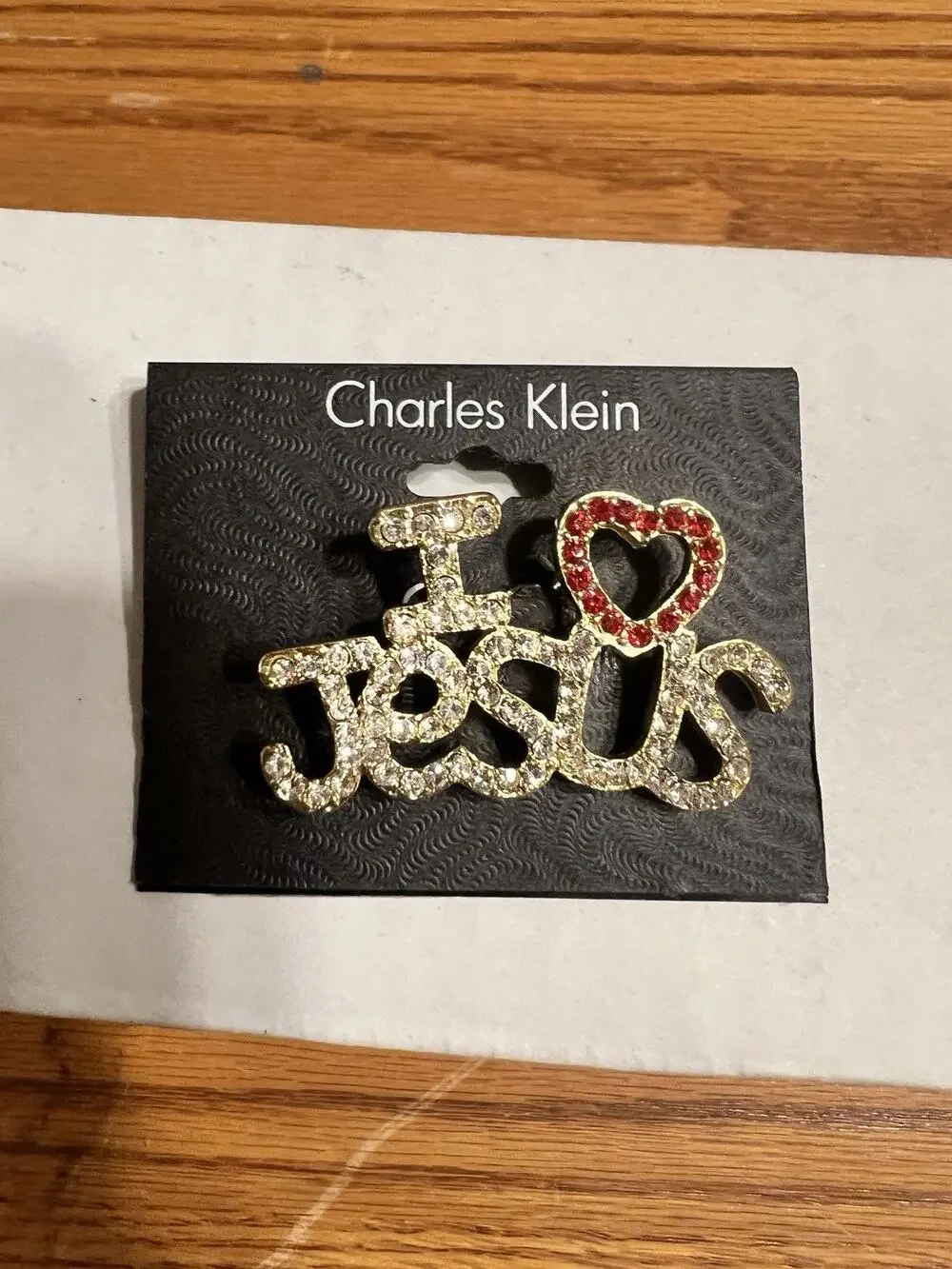 Charles Klein Brooch Pin Gold Tone I Love Jesus Rhinestone Letters Religion